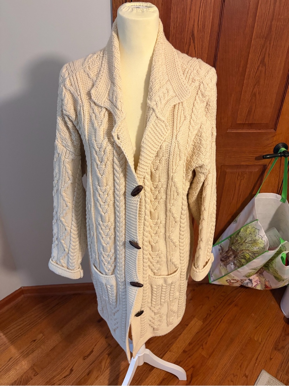Cream Aran Crafts cable knit wool cardigan with pockets made in Ireland, size L